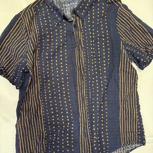 VatPave Navy Blue Polka Dot Striped Short Sleeve Button Up Shirt Size L